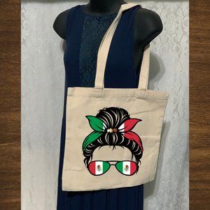 Mexico MOM Messy Bun Double Strap Shoulder Cotton Canvas Tote Bag